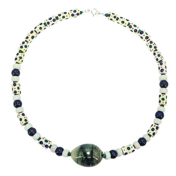 Boho Luxe Bead Necklace Krobo UNDYED Lapis Lazuli Jade Porcelain 21" 925 Clasp - Picture 8 of 8